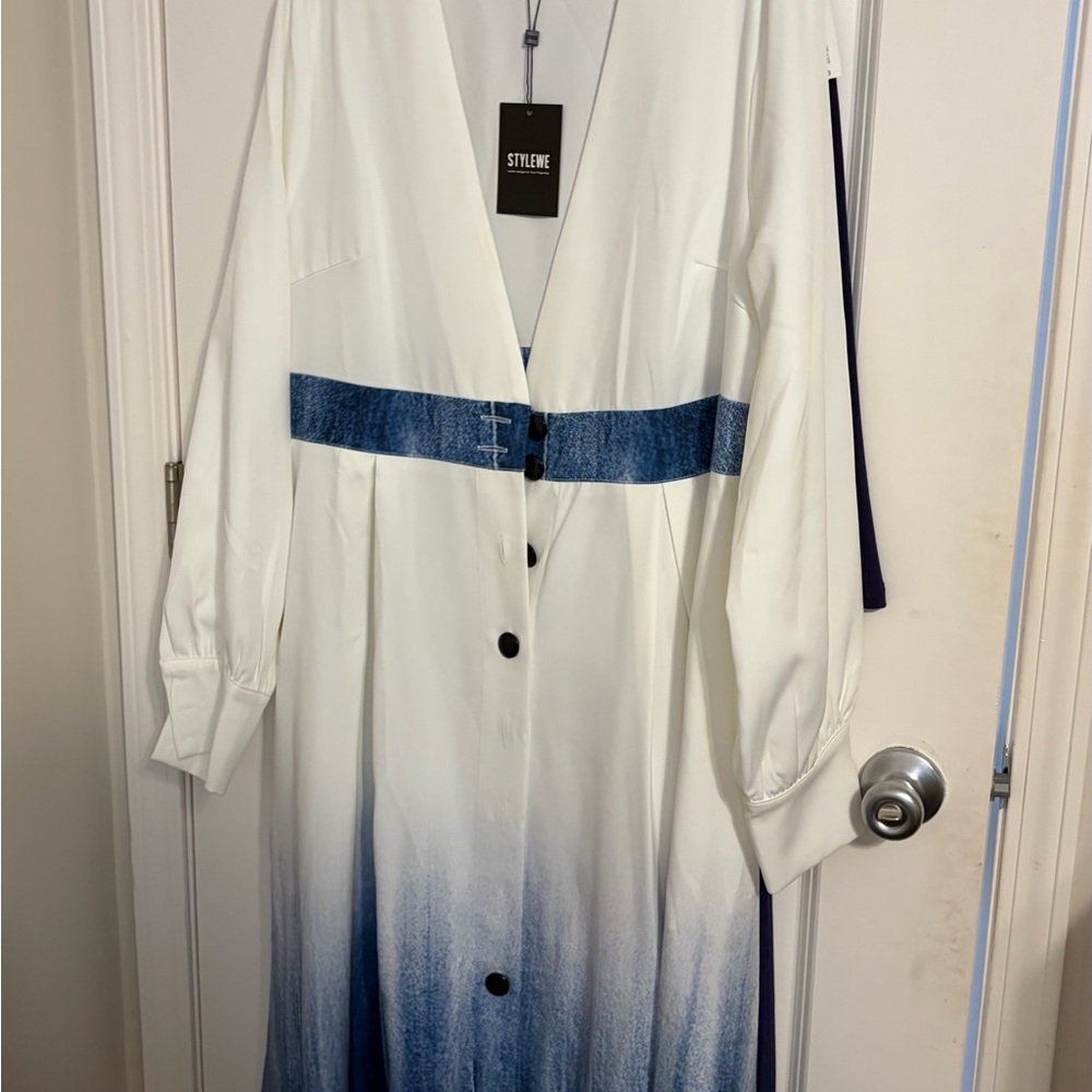 STYLEWE White Dress with Blue Ombre Waistband and Hem